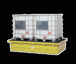 Low-profile, cost-effective double IBC Tote Spill Containment Dispensing Station and Drum Spill Containment System